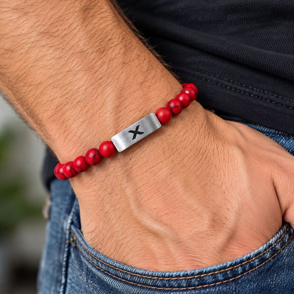 INOX Red Howlite Beaded Stretch Bracelet 316L Stainless Steel Men's 6.5" Boho